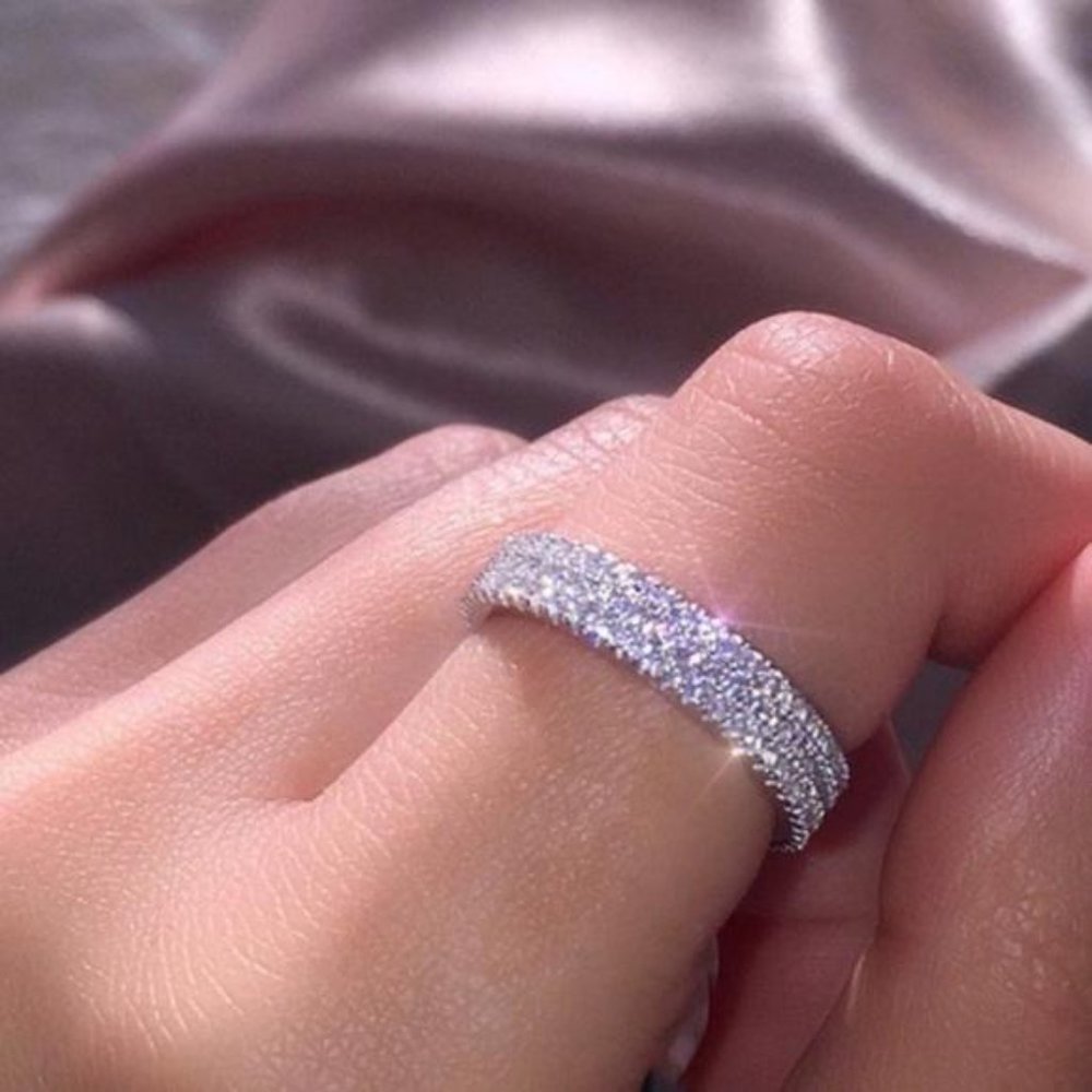 925 SILVER DIAMOND TRIPLE FULL ETERNITY RING, CUTE RING, SHINY RING. - Picture 4 of 7
